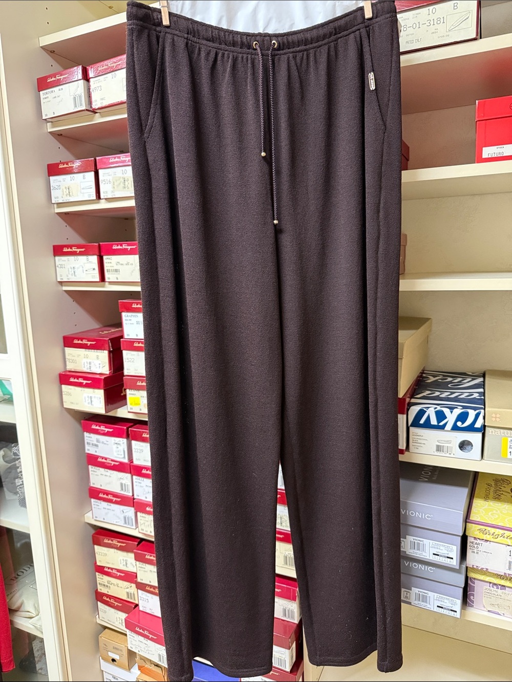 St. John Sport chocolate brown Wide-Leg Knit Trousers with gold hardware details